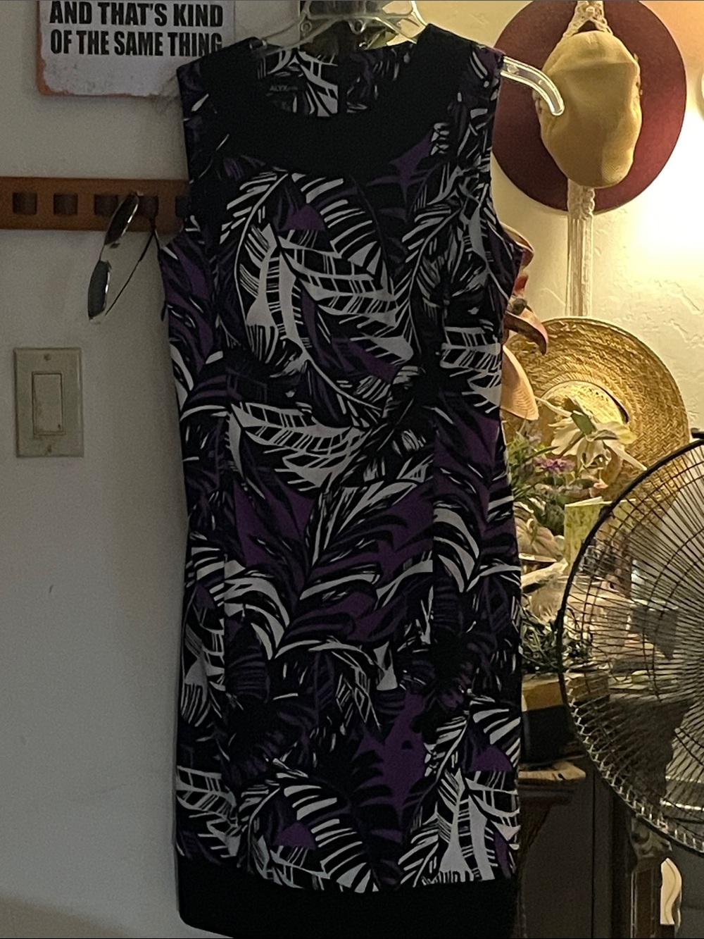 Alyx Purple, Black & White Tropical-Leaf Sleeveless Midi Dress